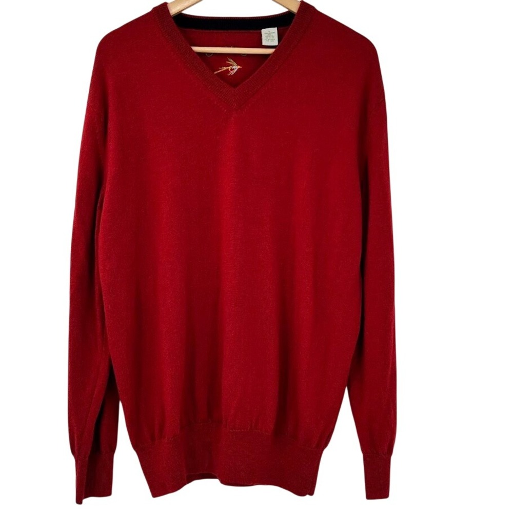 Orvis Mens Red 100% Merino‎ Wool V-Neck Sweater Size Large Fly Fishing Logo